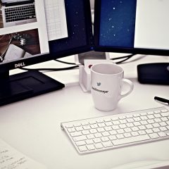 乐学好老师外链审核编辑周雨桐在双显示器前对比域名归属与页面截图，手边放着一份打印的外链巡检清单，画面整洁有序